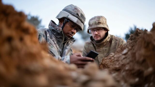 defense technology demonstration, professional soldiers testing communication and protection equipment in controlled environment, focus on innovation and precision defense 4K