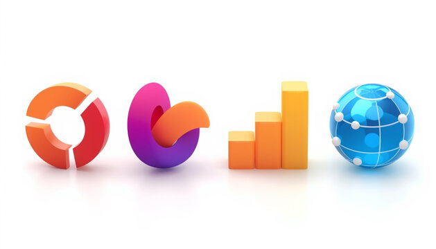 Cloud icon, wifi, and sync colorful 3d business infographic elements including pie chart, bar graph, and globe