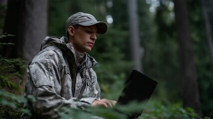 defense cyber operations training, professional in camouflage uniform analyzing global data map on rugged laptop, communication radio nearby, teamwork and digital intelligence  4K - Powered by Adobe