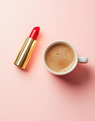 A cup of coffee and red lipstick, a creative composiion on a pastel pink backgound, morning routine concpt.