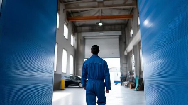 mechanic opening large industrial garage door in auto repair workshop, worker in uniform operating automatic gate control system garage workshop, auto repair, mechanic at work 4K