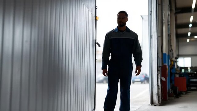mechanic, industrial garage door, auto repair workshop, worker in uniform, automatic gate control, garage workshop, auto repair, mechanic at work, industrial door, maintenance facility