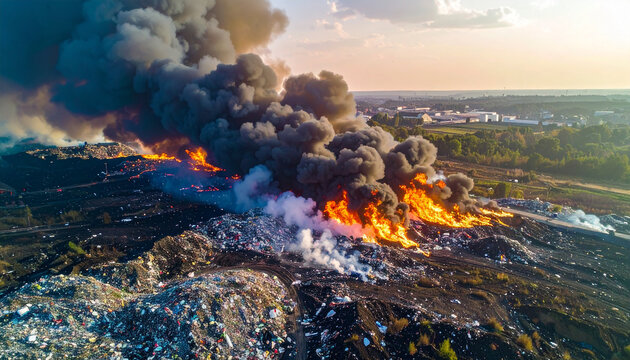 Dramatic aerial shot of a landfill fire, plastic waste burning intensely, dark smoke plumes