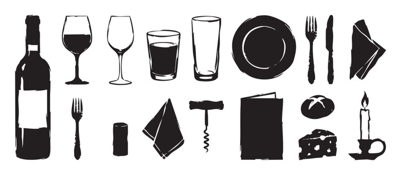 Collection of black hand-drawn dining icons featuring a wine bottle, glass, plate, cutlery, cheese, and candle in a rustic, sketchy, and monochrome graphic illustration style