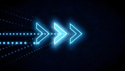 Glowing digital arrow direction concept, fast forward technology symbol for data transfer, speed, innovation, business growth, workflow optimization, and futuristic digital navigation