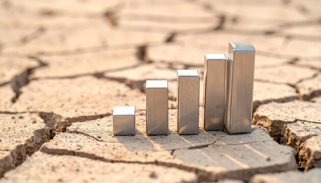 Shiny metal bar chart emerging from dry cracked desert soil. Growth in unstable conditions.