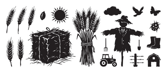 Fototapeta premium Collection of black farm and agriculture icons in a vintage linocut style including a scarecrow, wheat, tractor, hay bale, barn, and other rural elements