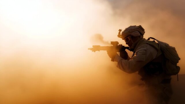 soldiers aiming weapons in desert environment with helicopters hovering above and thick smoke clouds behind, intense cinematic scene with golden light and dust haze  4K