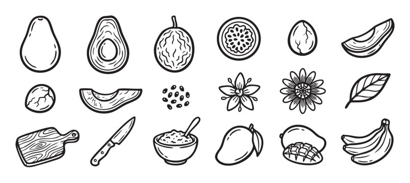 Set of hand-drawn tropical fruit icons including avocado, mango, passion fruit, and banana in a black and white line art doodle style for healthy food concepts