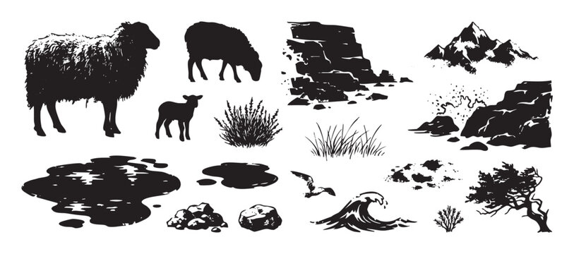 Set of black graphic nature elements with sheep, a lamb, mountains, rocks, a wave, a tree, and plants, rendered in a bold, monochrome stamp or linocut illustration style