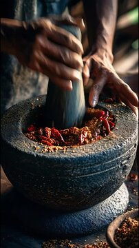 Making Traditional Indonesian Sambal with Stone Mortar