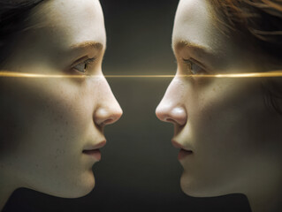 Two young women facing each other with synchronized gaze connected by a glowing horizontal light beam symbolizing connection and understanding
