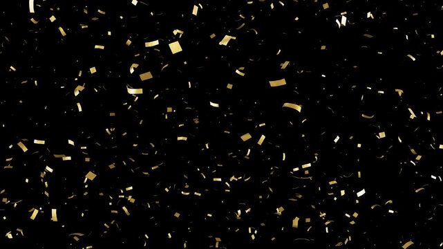 Medium amount of golden confetti slowly falls downward at an angle, with bursts moving right to left and back. Seamless 3D animation on transparent background in 4K with alpha channel.
