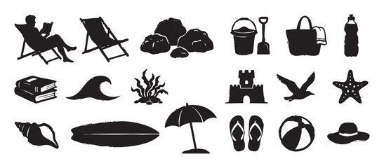 Obraz premium Collection of hand-drawn beach vacation silhouettes featuring a person reading, a sandcastle, surfboard, and other summer holiday elements in a graphic stamp style