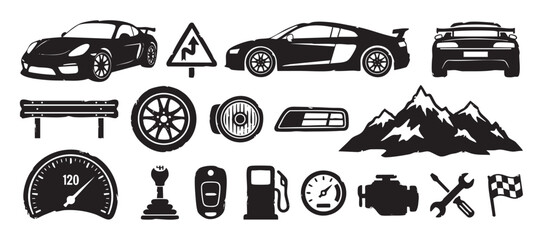 Black grunge style automotive icons and racing symbols featuring sports cars, a winding road sign, mountains, engine, tools, and a checkered flag for transportation design