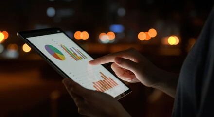 Hands using tablet showing charts in low light with bokeh background and analytics