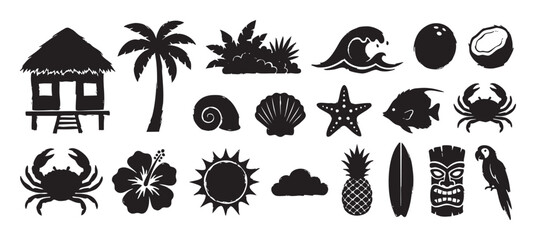 Fototapeta premium Collection of black tropical summer icons with a hand-drawn grunge stamp texture, featuring a tiki hut, palm tree, surfboard, hibiscus flower, crab, and pineapple