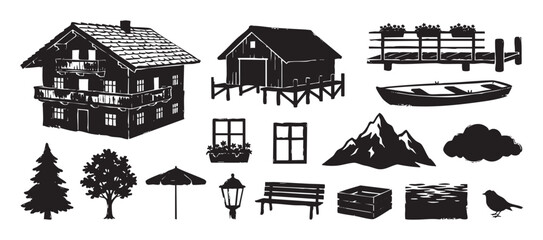 Naklejka premium Collection of black rustic mountain icons featuring a chalet, boat, trees, and other nature elements in a hand-drawn woodcut style for design and illustration projects