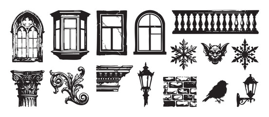 Naklejka premium Set of gothic architectural elements and symbols in a black grunge stamp style, including windows, a gargoyle, column, bird, and snowflakes for vintage or fantasy themes