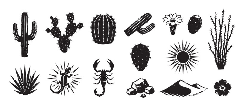 Set of black desert wildlife and plant icons in a rustic hand-drawn linocut style, featuring a saguaro cactus, scorpion, lizard, sun, agave, and prickly pear elements