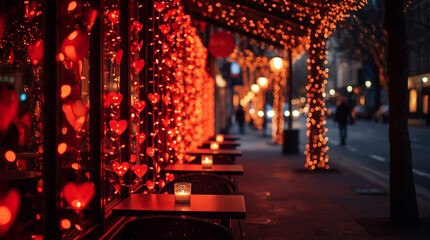 Valentine Day romantic city street cafe with glowing red heart lights and candlelit tables, cozy evening urban atmosphere for couples, love and romance celebration on February 14