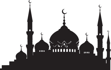 Silhouette of a grand mosque with multiple domes and minarets a classic Islamic architectural design for cultural and religious themes isolated on a white background © Aliza