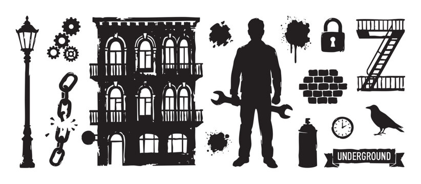 Set of black industrial grunge silhouettes featuring an old building, a worker with a wrench, a fire escape, a broken chain, and other urban vector elements