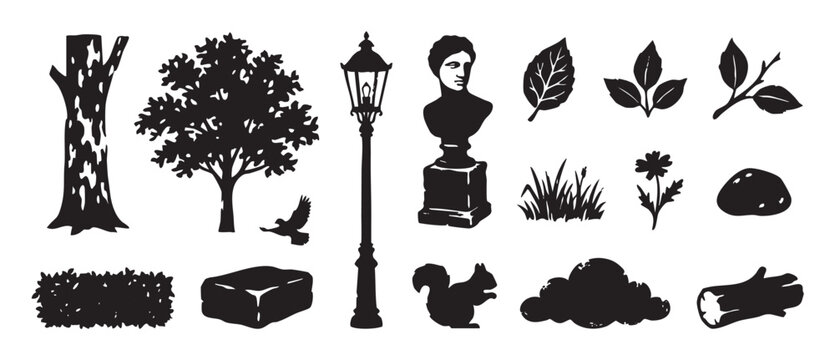 Collection of black vector silhouettes of park elements including a tree, lamppost, bust sculpture, squirrel, bird, and various plants in a graphic stamp style