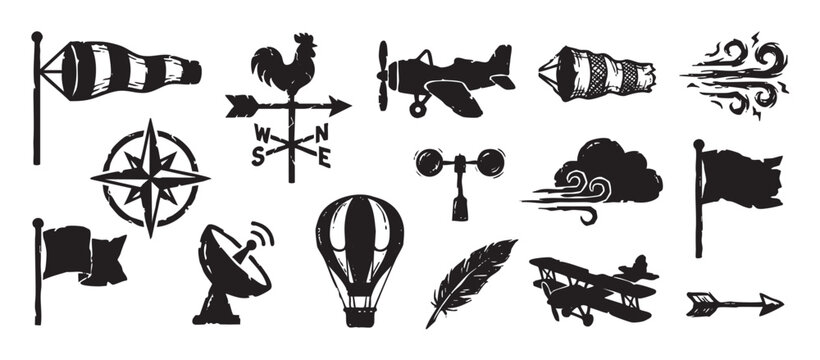Set of black hand-drawn weather and aviation icons in a vintage stamp style featuring a windsock, rooster weathervane, airplane, compass rose, hot air balloon, and anemometer