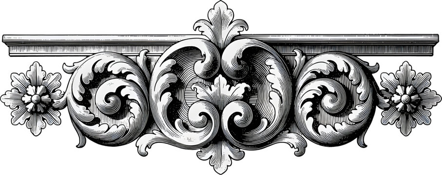 Baroque Floral Decorative Border in Black and White Engraving Style