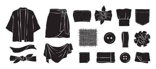 Collection of hand-drawn clothing and sewing elements in a black and white linocut style, including a kimono, wrap skirt, buttons, and fabric swatches for fashion design