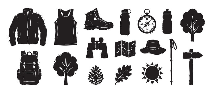 Black silhouette icons of hiking and camping equipment including a backpack, boot, compass, and map, illustrated in a rustic grunge stamp style for outdoor adventure concepts