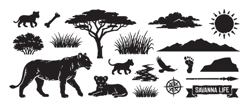 Black grunge-style vector icon set of savanna wildlife and nature elements including a lioness, cubs, acacia tree, sun, mountains, eagle, and other safari adventure illustrations