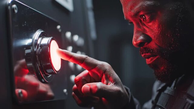 Man points at glowing red button in dim room filled with machinery. Focused expression shows anticipation. Concept of technology, energy control, industrial settings