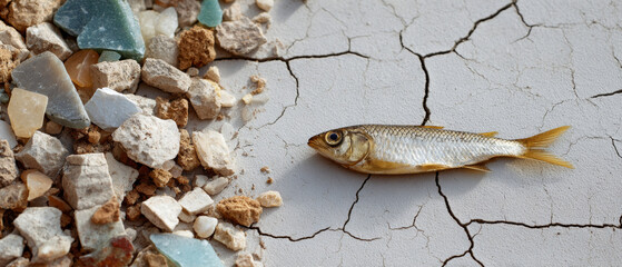 Small dried fish lying on cracked dry earth next to scattered multicolored stones and pebbles in natural light