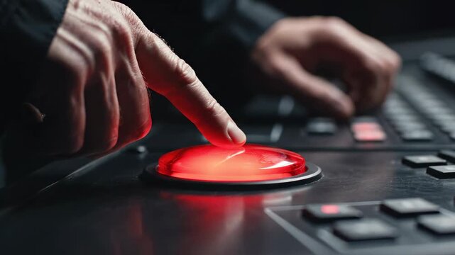 Hand pressing large red button on control panel. Close-up view shows detailed controls and buttons. Modern industrial environment with focus on technology