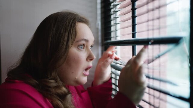 Curious funny woman spying on neighbors through window with playful interest