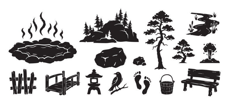 Set of black Japanese onsen icons featuring a hot spring, pine trees, stone lantern, bridge, and bench in a traditional hand-drawn woodblock print vector style