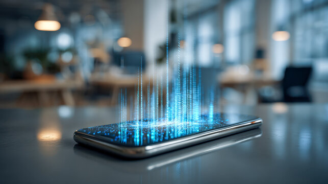 Modern smartphone displaying futuristic digital data visualization with glowing blue light beams rising from the screen on a reflective surface in a blurred office s - Powered by Adobe