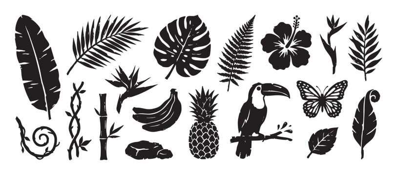 Set of black tropical jungle silhouette icons including a toucan, butterfly, pineapple, banana, monstera, and palm leaves in a hand-drawn woodcut style illustration