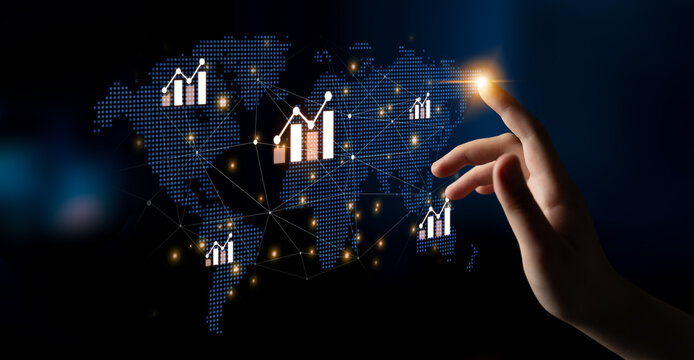 Visualization of global economic growth and stock market data. Financial chart analysis shows international business performance and investment opportunities in the world market. Fermion - Powered by Adobe