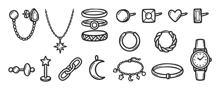 Hand-drawn jewelry and accessories collection featuring various items like earrings, rings, necklaces, bracelets, and a watch in a simple black and white line art doodle style