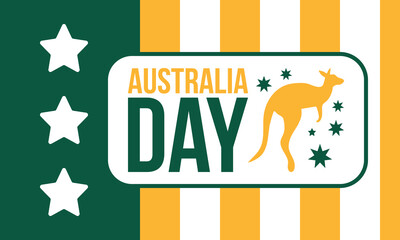 Australia Day. National happy holiday, celebrated annual in January 26. Australian patriotic elements. Kangaroo silhouette. Poster, card, banner and background. Vector illustration