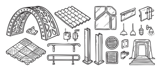 Collection of hand-drawn industrial construction parts and architectural elements in a detailed black and white line art sketch style, featuring beams, windows, lamps, and a doorway © Mr. Stocker