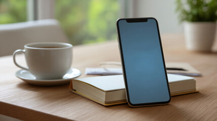 Fototapeta premium Smartphone with blank screen leaning on closed book next to coffee cup on wooden table in cozy indoor setting
