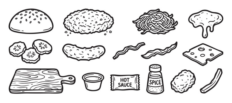 Hand-drawn burger ingredients and fast food elements in a black and white doodle style, featuring a patty, bun, cheese, bacon, pickles, and various sauces for custom sandwich creation