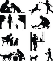 Vector silhouette collection of people interacting with pets including dogs and cats in various lifestyle scenes