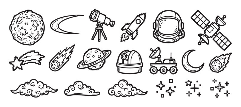 Hand-drawn black and white icon set of space and astronomy elements including a rocket, planet, astronaut helmet, moon, telescope, and satellite in a cute, simple doodle style