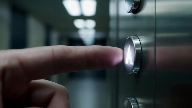 Finger activates elevator button in contemporary building. Neutral color palette and clean lines create professional setting. Concept of real estate, architecture, office design