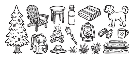 Obraz premium Hand-drawn collection of camping and hiking icons including a campfire, backpack, dog, and lantern in a black and white doodle style for outdoor adventure themes